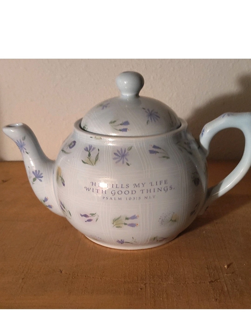 Floral White Ceramic Teapot with Scripture
